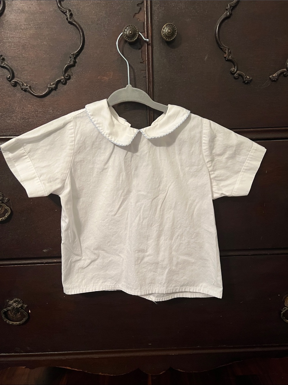 Classic White Peter Pan Collar Shirt with Blue and White Check Trim